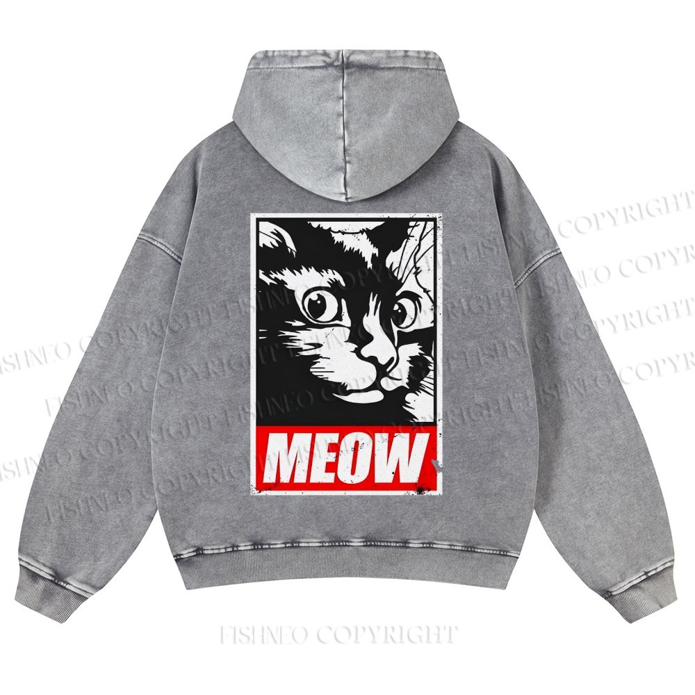 Casual Meow Printed Washed Hoodie