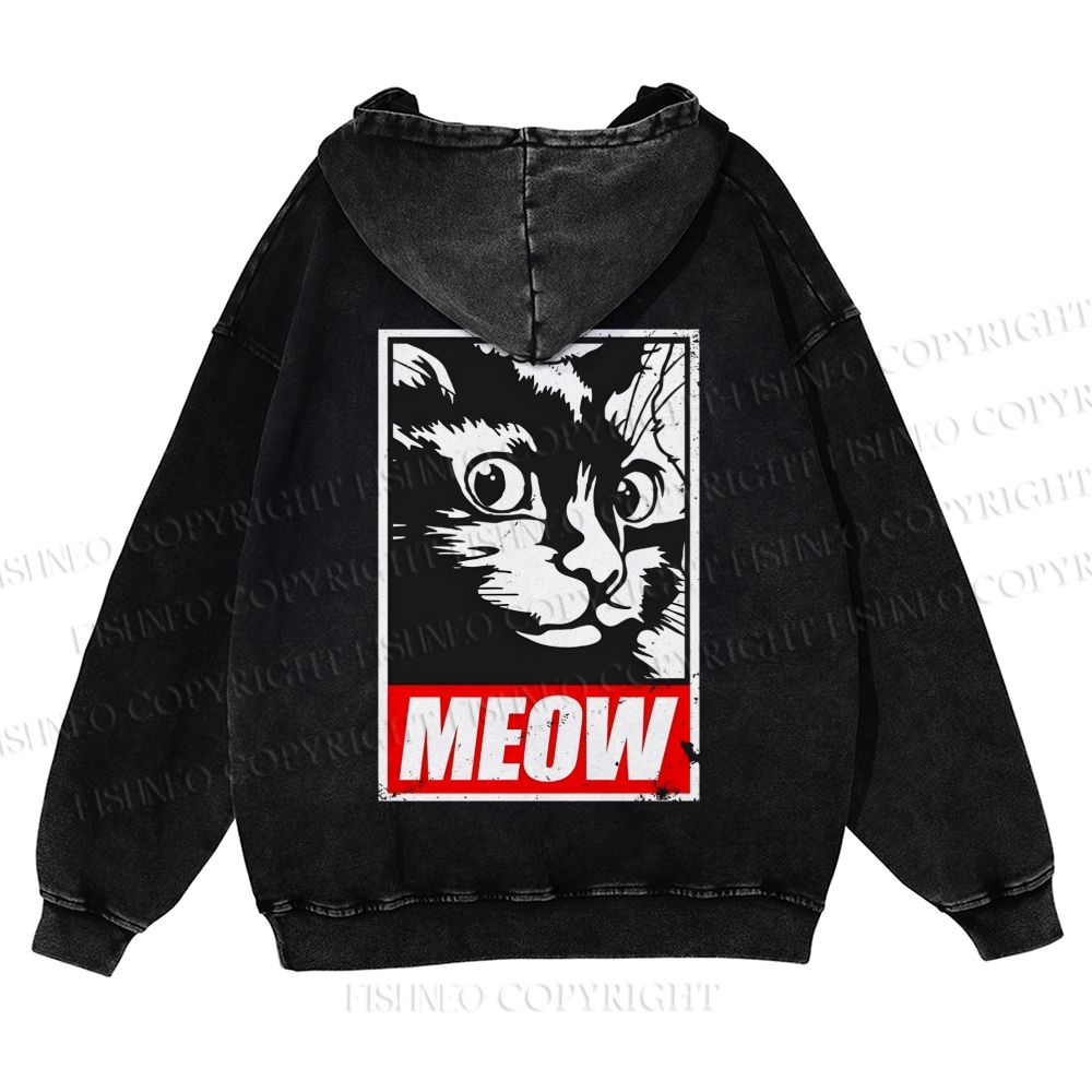 Casual Meow Printed Washed Hoodie