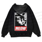 Casual Meow Printed Washed Hoodie