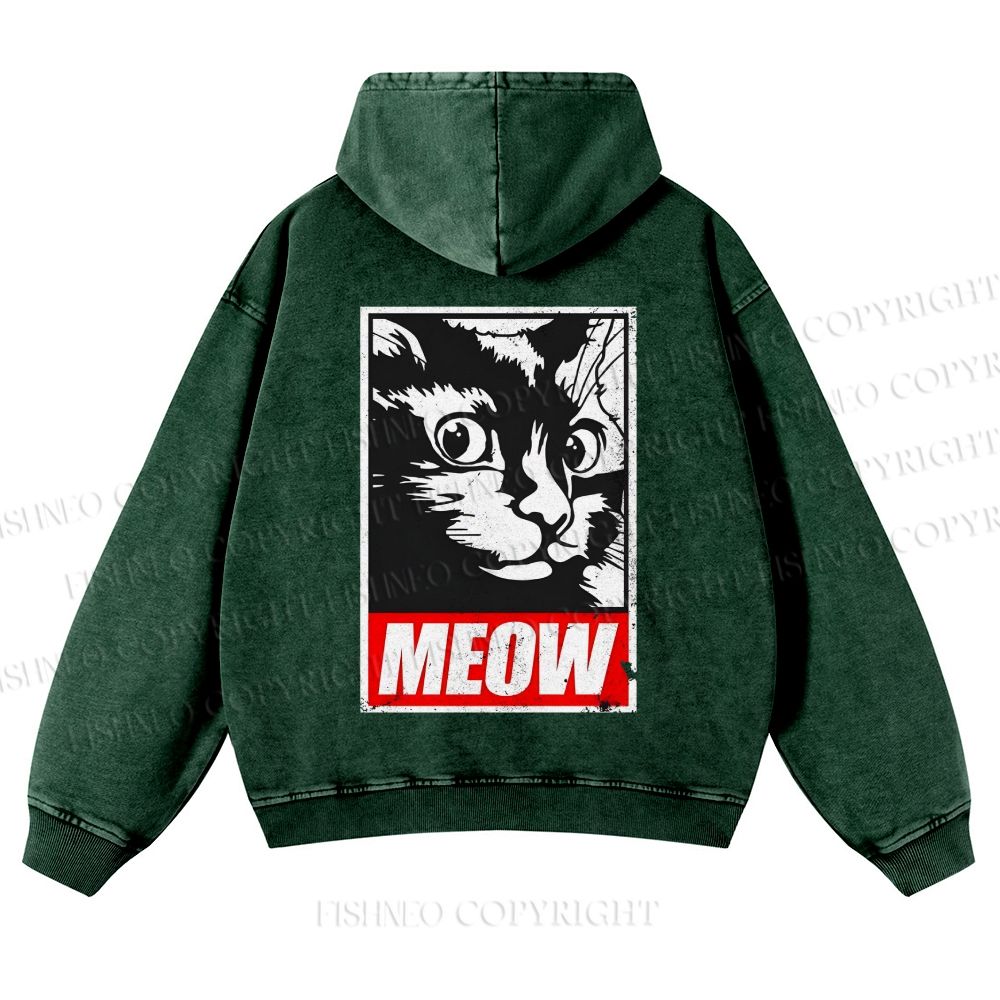 Casual Meow Printed Washed Hoodie