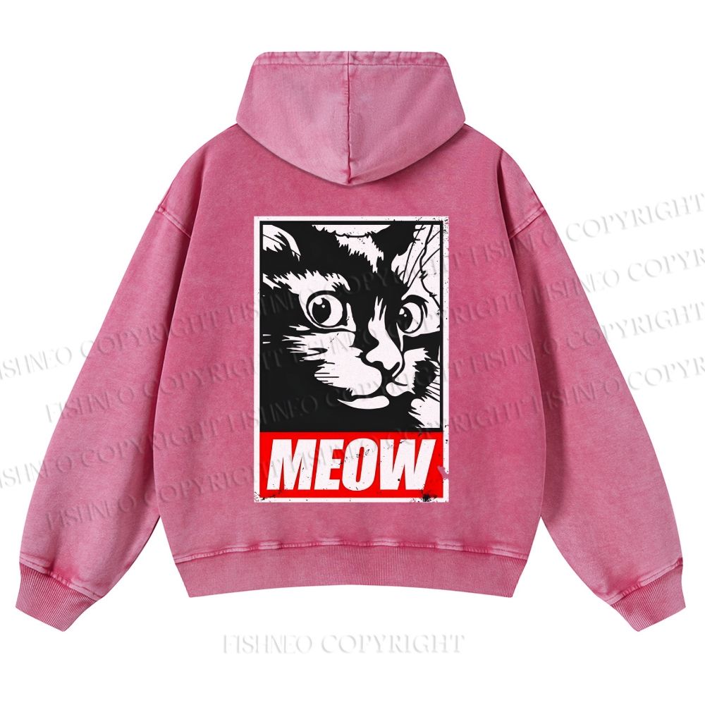 Casual Meow Printed Washed Hoodie