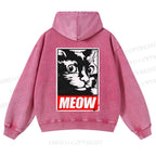 Casual Meow Printed Washed Hoodie