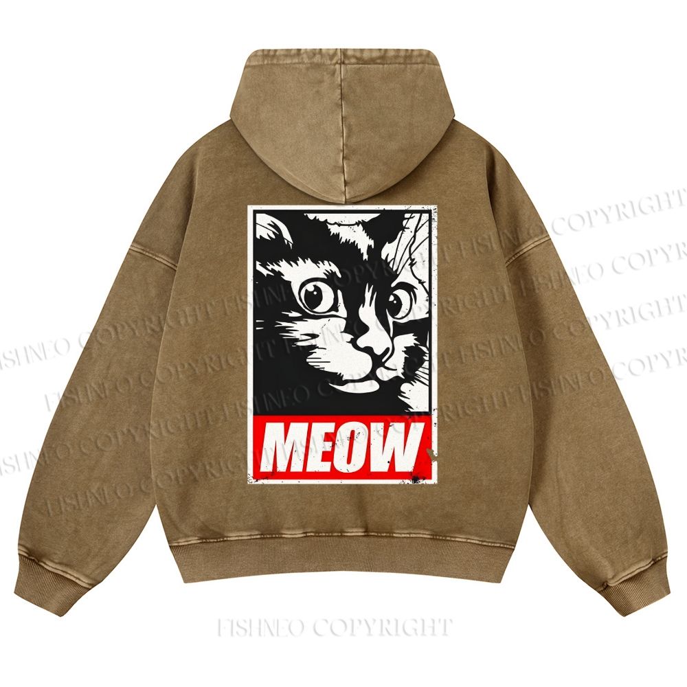 Casual Meow Printed Washed Hoodie