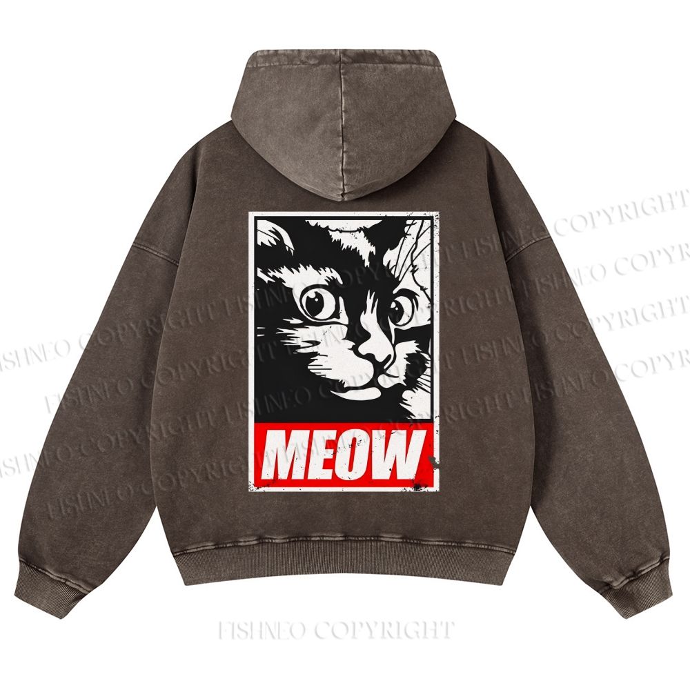 Casual Meow Printed Washed Hoodie