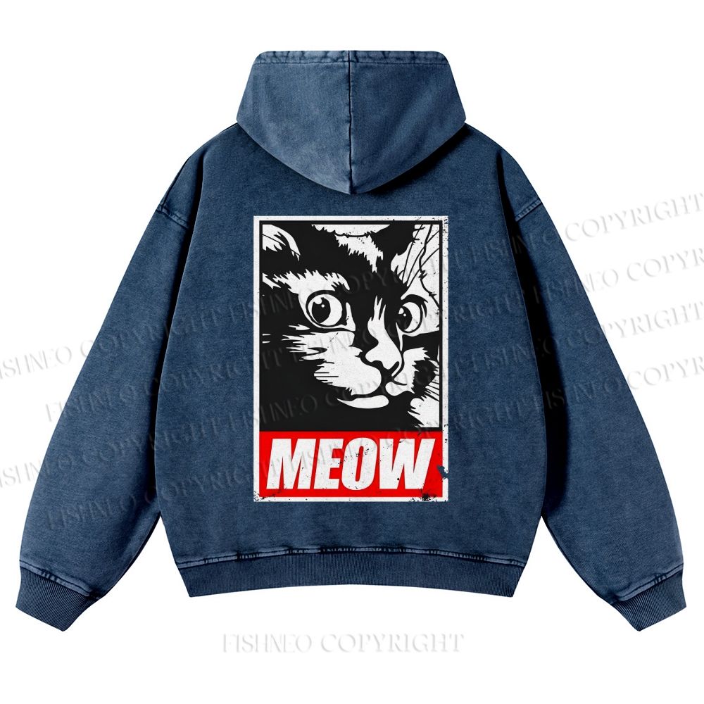 Casual Meow Printed Washed Hoodie