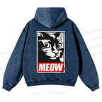 Casual Meow Printed Washed Hoodie