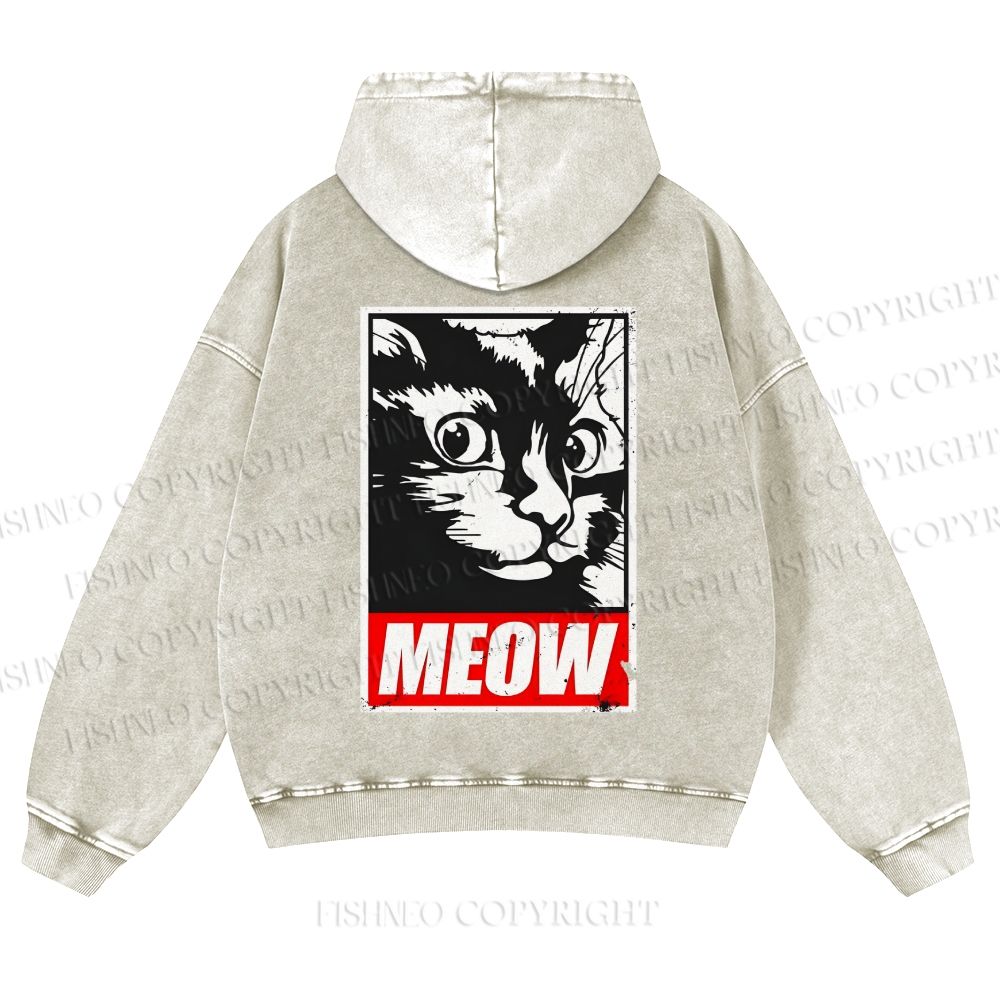 Casual Meow Printed Washed Hoodie