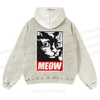 Casual Meow Printed Washed Hoodie