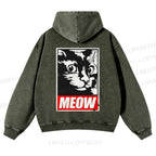Casual Meow Printed Washed Hoodie