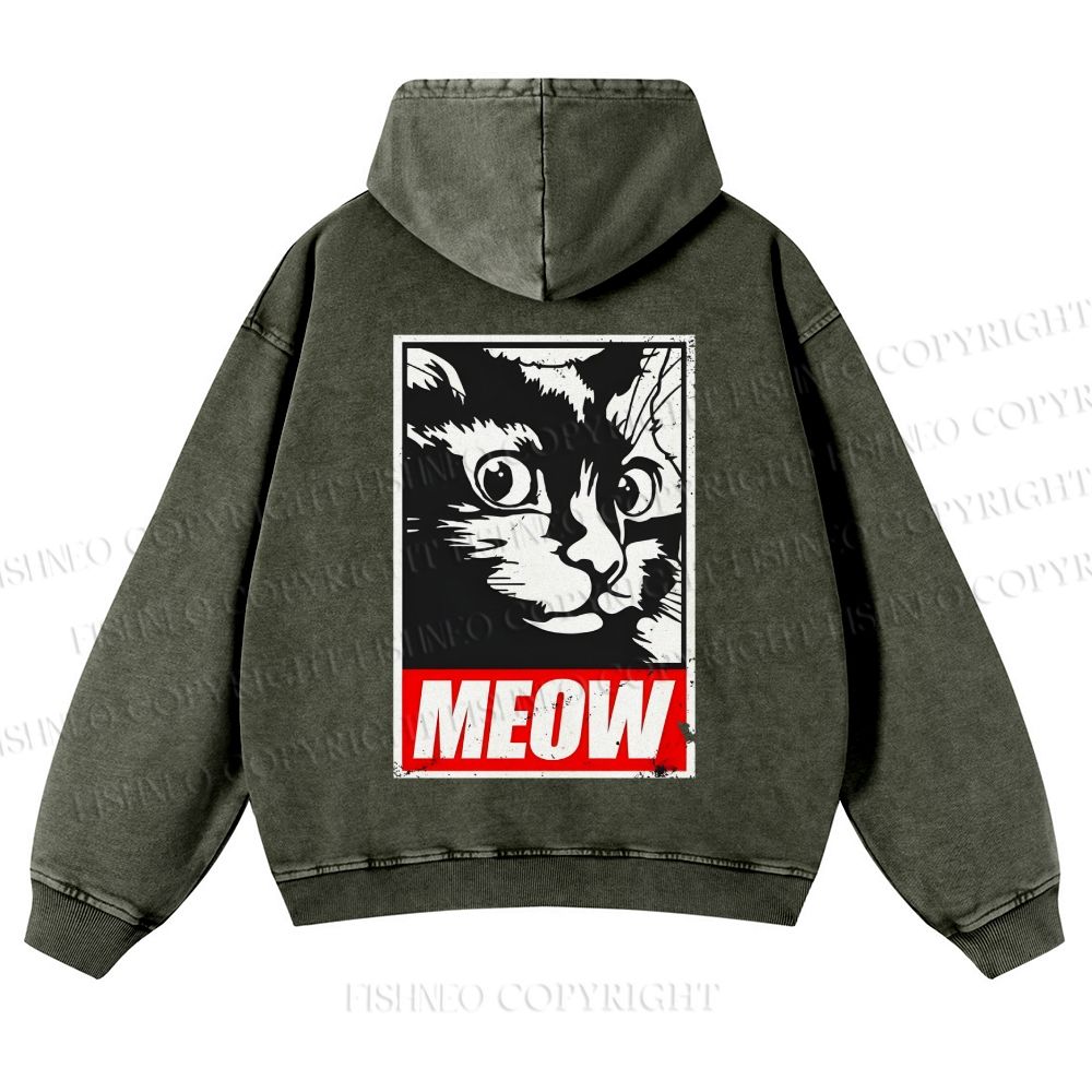 Casual Meow Printed Washed Hoodie