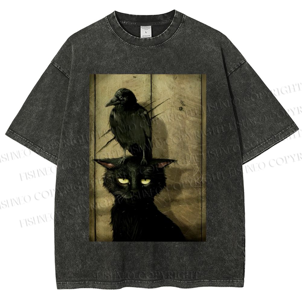 Crow and black cat Washed T-Shirt