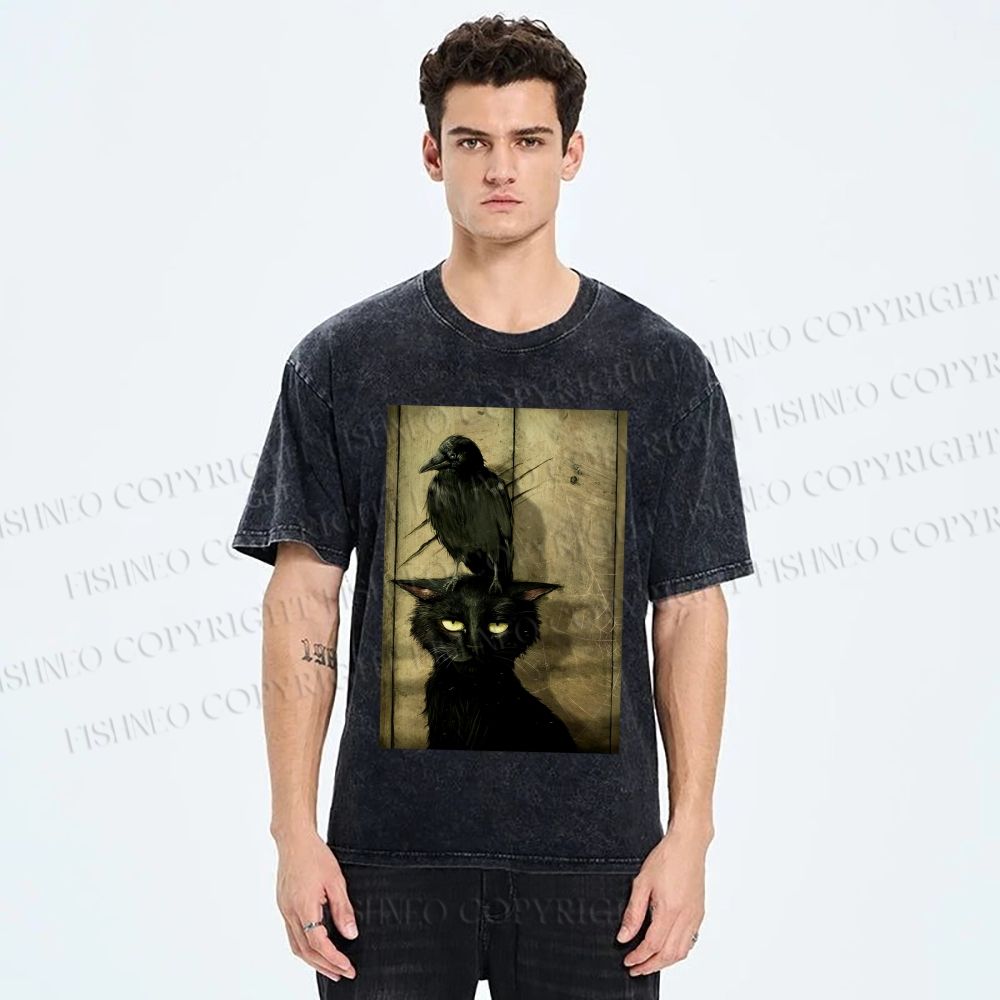 Crow and black cat Washed T-Shirt
