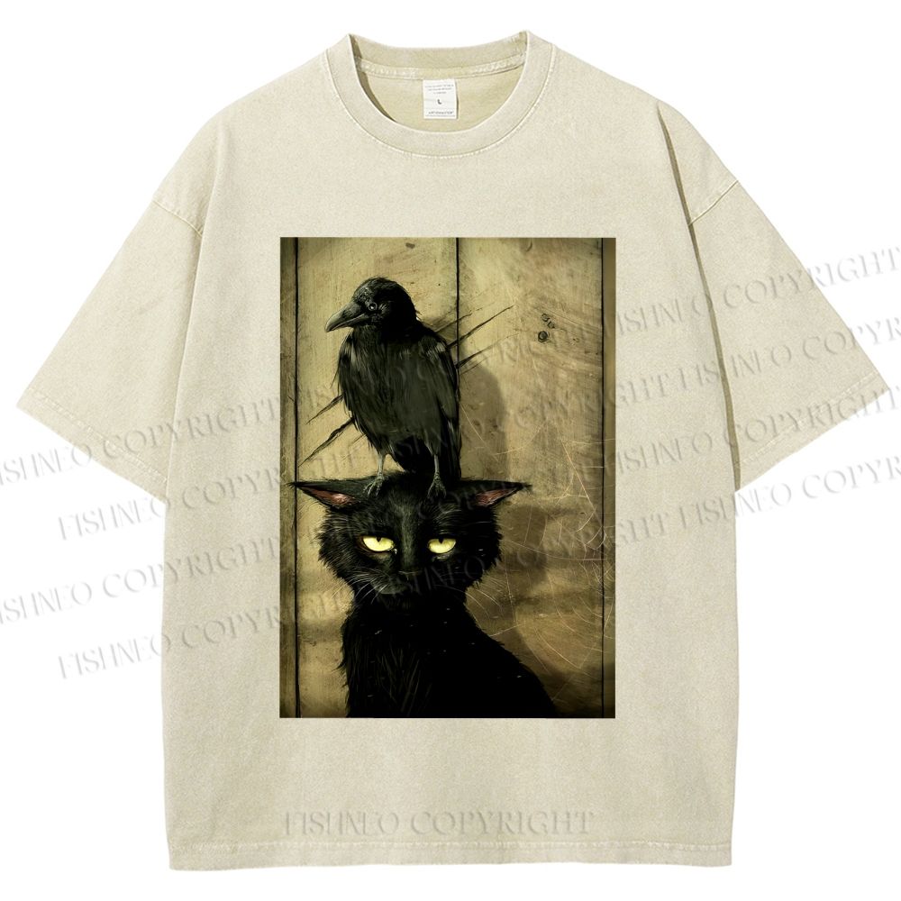 Crow and black cat Washed T-Shirt