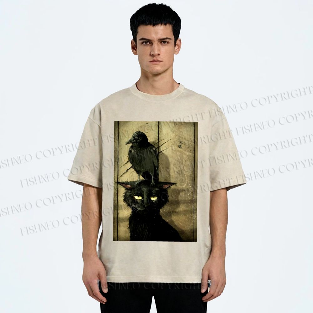 Crow and black cat Washed T-Shirt