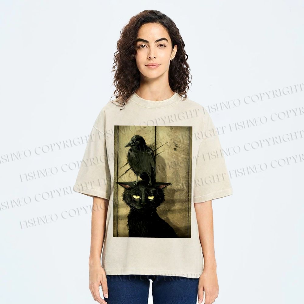 Crow and black cat Washed T-Shirt
