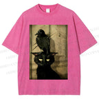 Crow and black cat Washed T-Shirt