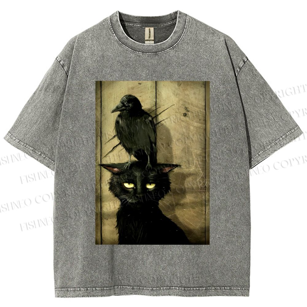Crow and black cat Washed T-Shirt