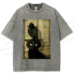 Crow and black cat Washed T-Shirt