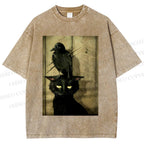 Crow and black cat Washed T-Shirt