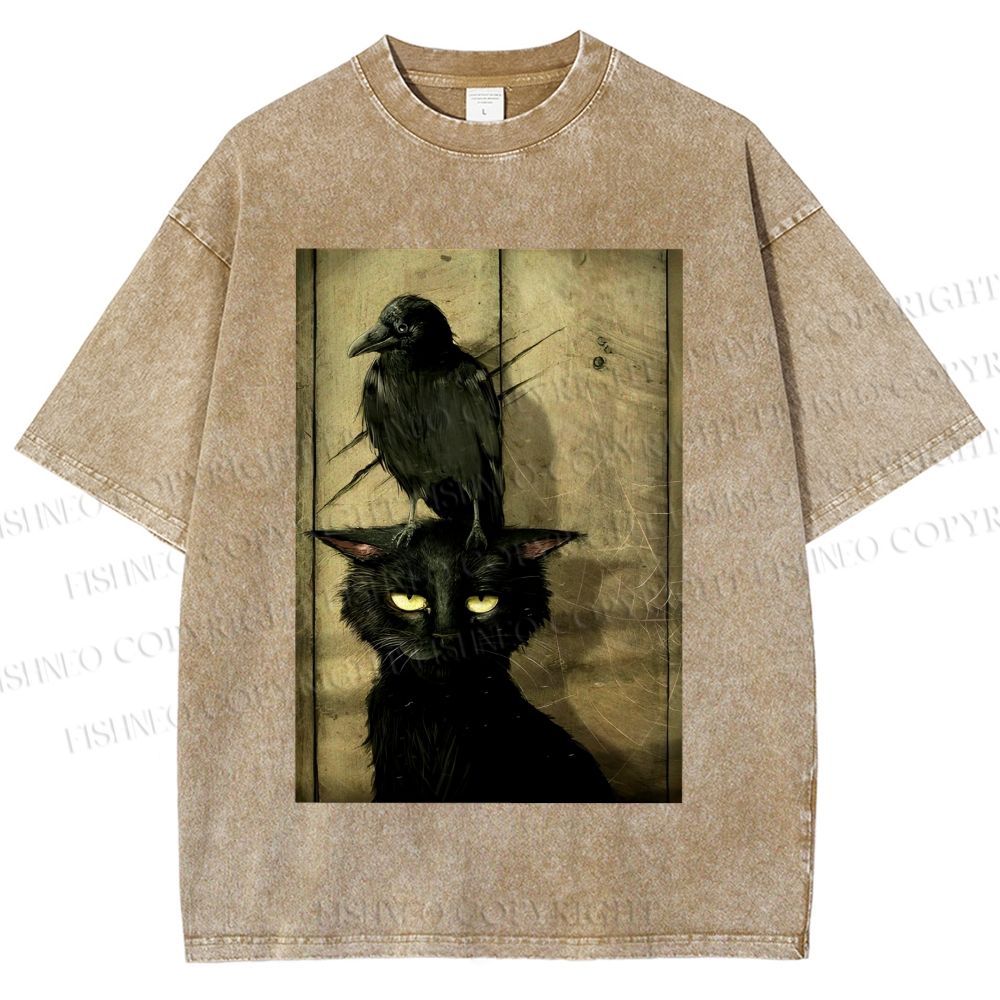 Crow and black cat Washed T-Shirt