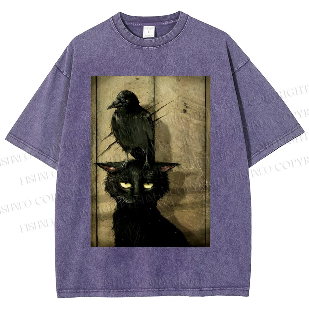 Crow and black cat Washed T-Shirt