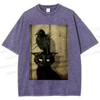 Crow and black cat Washed T-Shirt