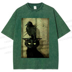 Crow and black cat Washed T-Shirt