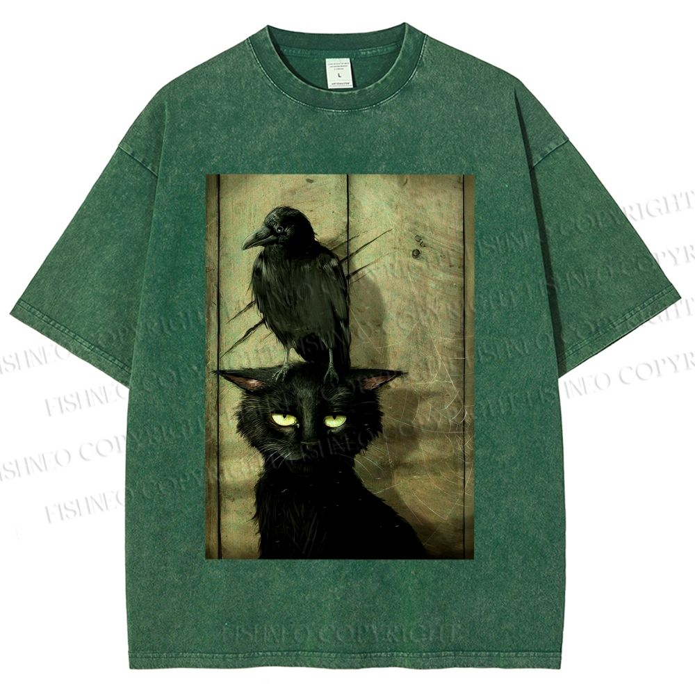 Crow and black cat Washed T-Shirt