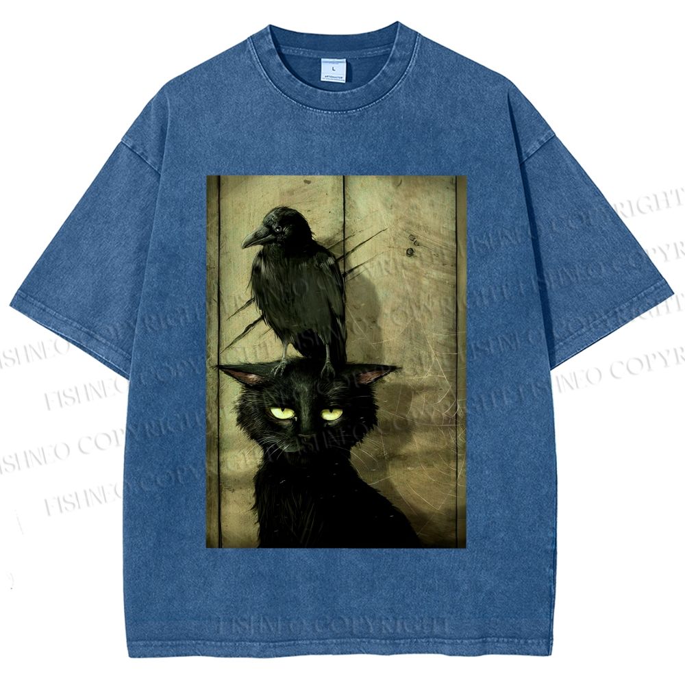 Crow and black cat Washed T-Shirt