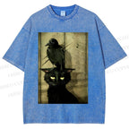 Crow and black cat Washed T-Shirt