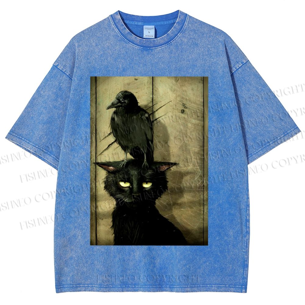 Crow and black cat Washed T-Shirt