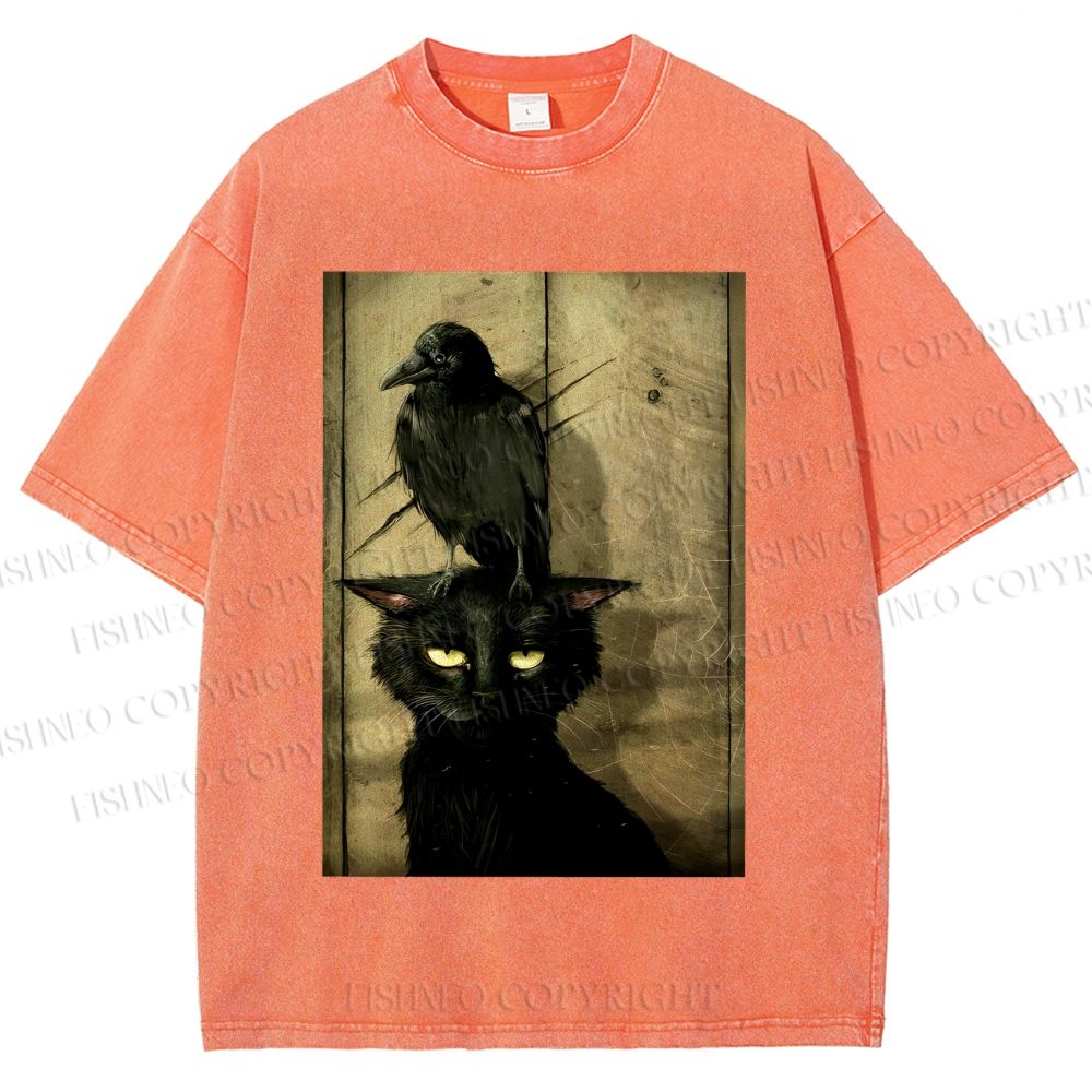 Crow and black cat Washed T-Shirt