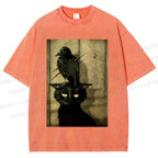 Crow and black cat Washed T-Shirt