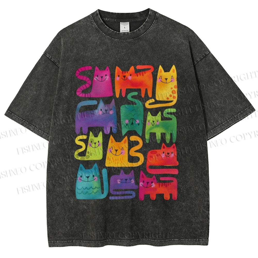 Unisex Colorful Cartoon Cat Printed Washed Tee