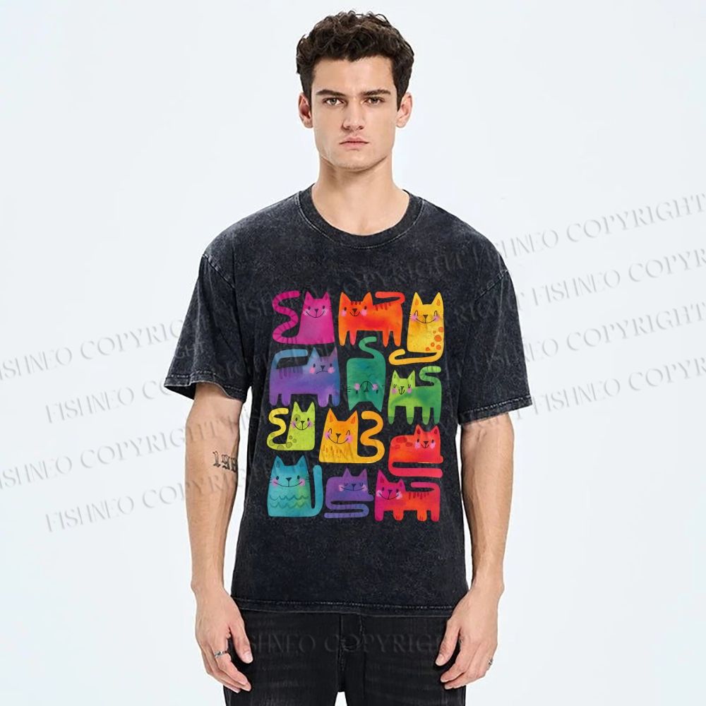 Unisex Colorful Cartoon Cat Printed Washed Tee