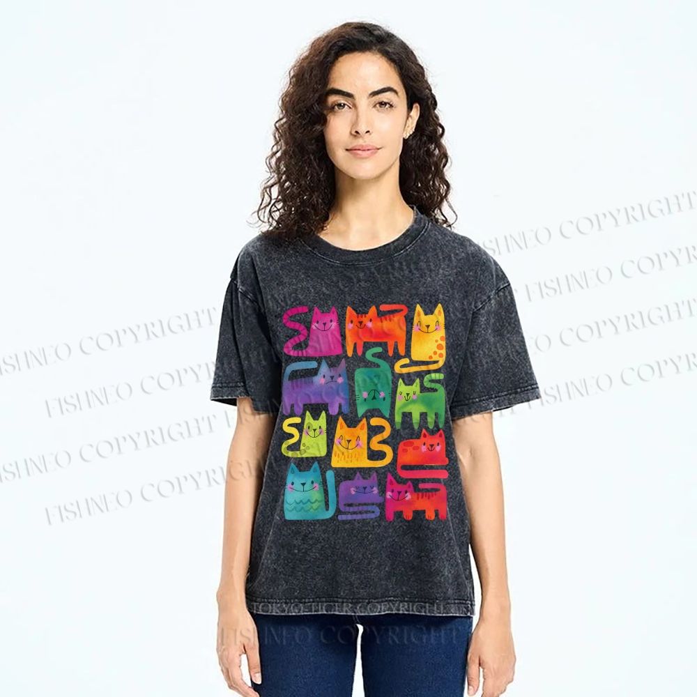 Unisex Colorful Cartoon Cat Printed Washed Tee