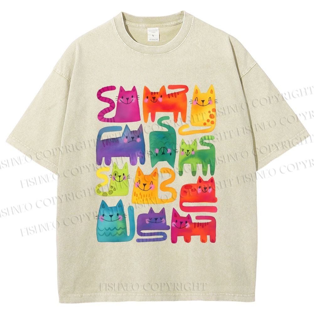 Unisex Colorful Cartoon Cat Printed Washed Tee