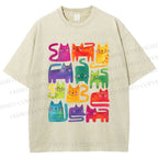 Unisex Colorful Cartoon Cat Printed Washed Tee