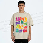 Unisex Colorful Cartoon Cat Printed Washed Tee