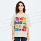 Unisex Colorful Cartoon Cat Printed Washed Tee