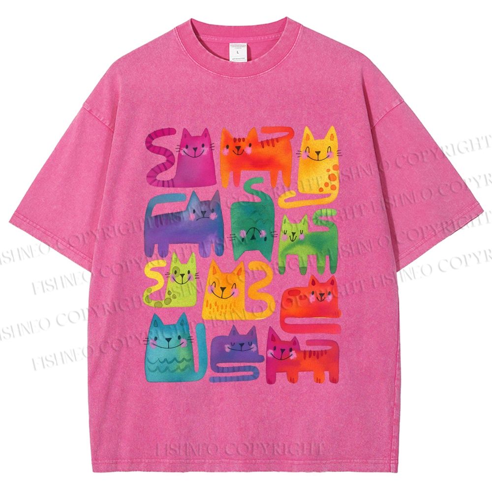 Unisex Colorful Cartoon Cat Printed Washed Tee