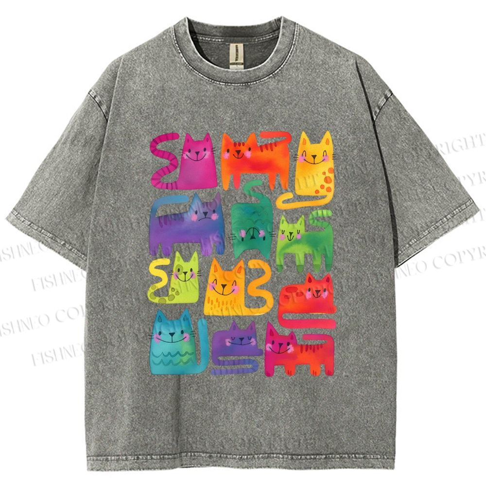 Unisex Colorful Cartoon Cat Printed Washed Tee