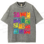 Unisex Colorful Cartoon Cat Printed Washed Tee