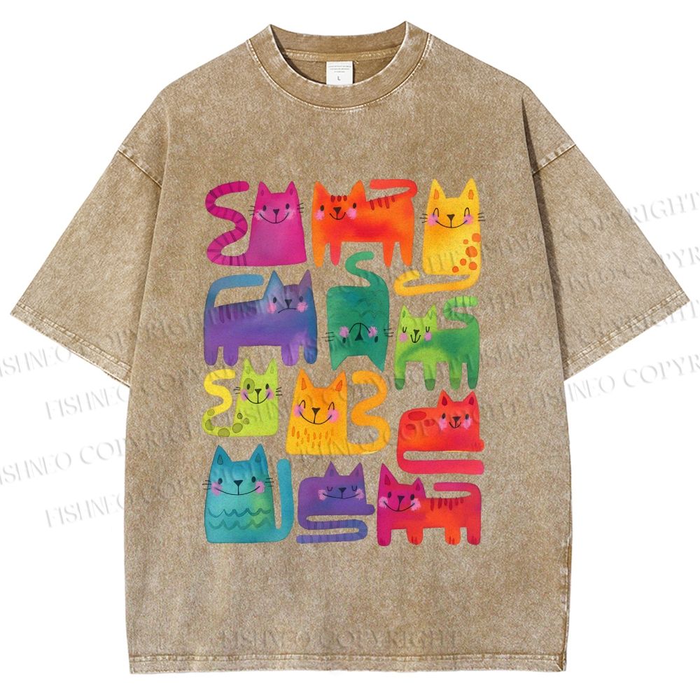 Unisex Colorful Cartoon Cat Printed Washed Tee