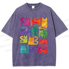 Unisex Colorful Cartoon Cat Printed Washed Tee