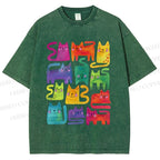Unisex Colorful Cartoon Cat Printed Washed Tee