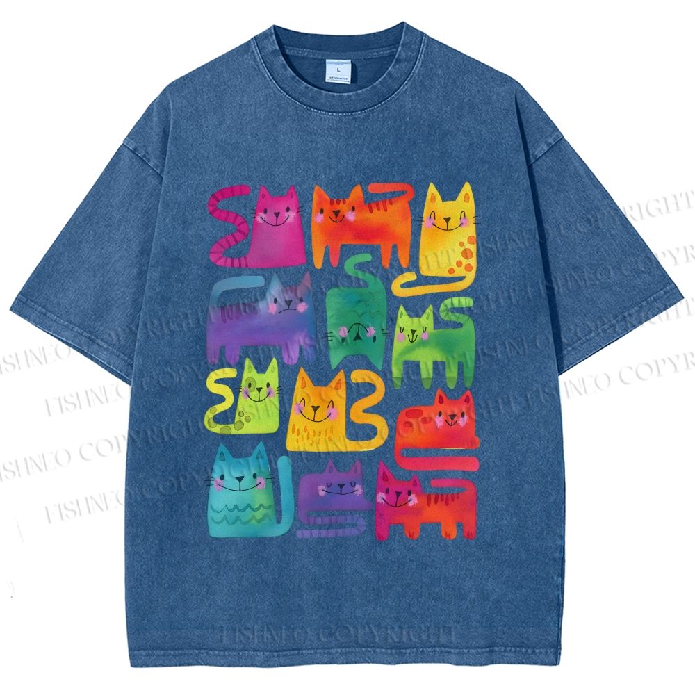 Unisex Colorful Cartoon Cat Printed Washed Tee