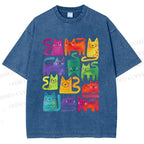 Unisex Colorful Cartoon Cat Printed Washed Tee
