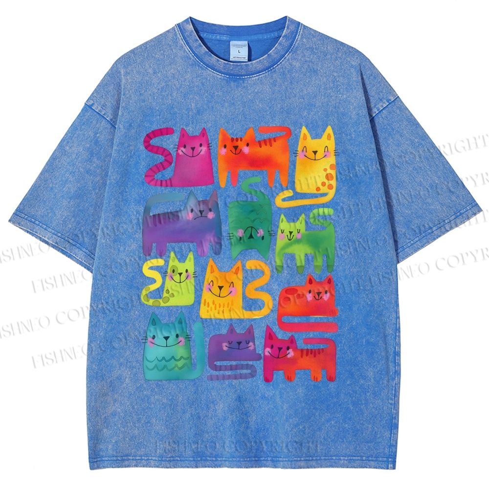 Unisex Colorful Cartoon Cat Printed Washed Tee