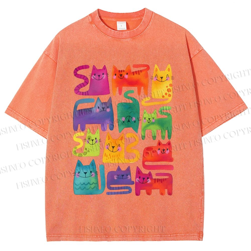 Unisex Colorful Cartoon Cat Printed Washed Tee